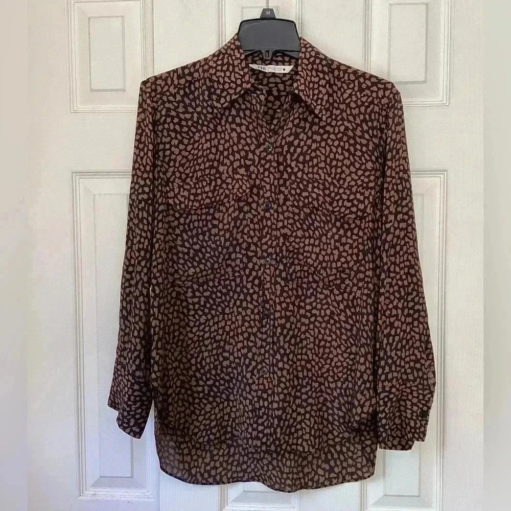 Zara Black and Copper Brown cheetah animal Print Blouse.Top long sleeve Size S